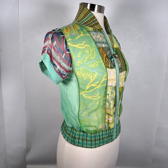 Vintage Paul Ropp Embroidered Patchwork Full Zip Top Shirt 3 Green Short Sleeve - Picture 3 of 8